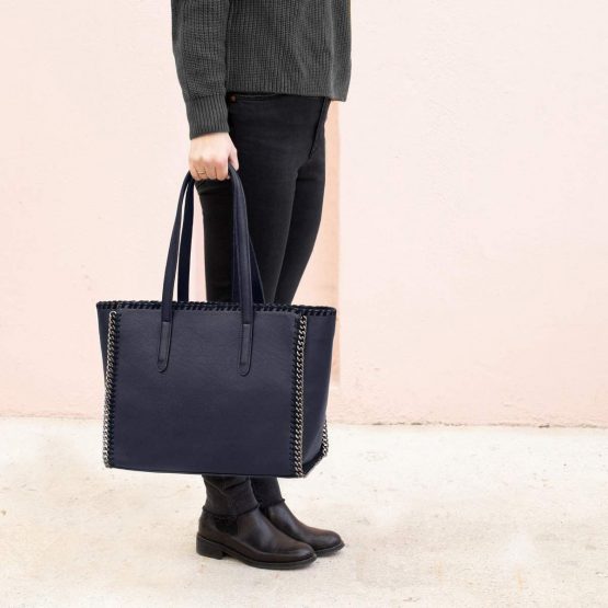 CRAZYCHIC - Women's Large Tote Shopper Bag - Ladies Chains Shoulder Bag - Long Handles Top-Handle Handbag - PU Faux Leather A4 Large Capacity - Fashion School Work Designer Shopping Bag - Dark Blue - Image 3