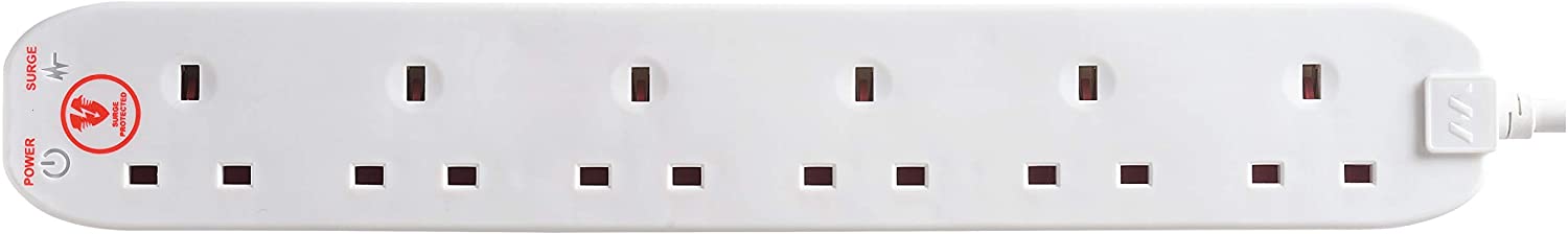 Masterplug Six Socket Extension Lead, 2 Metre Cable, Surge Protection, Power and Surge LED Indicators, Unswitched