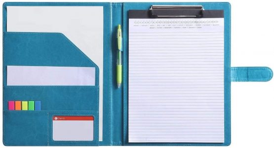 A4 Clipboard Folder with Storage Document Pen Holder, Writing Pad Organizer Clip Board CV Faux Leather Folder Foldover FolioTurquoise
