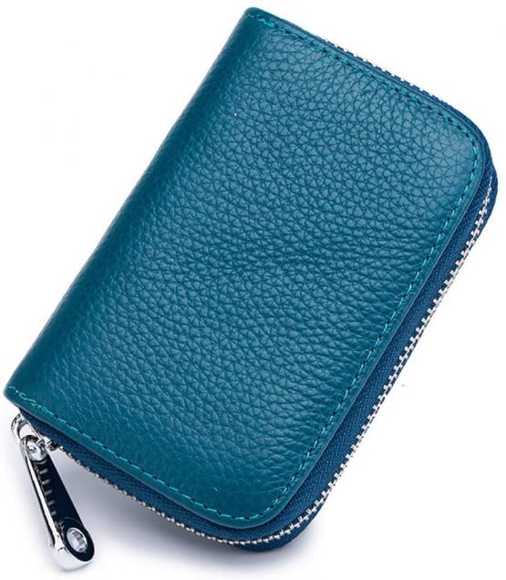 Meowoo Credit Card Holder RFID Blocking Genuine Leather Mini Credit Card Wallet Purse with Zipper for Women Men (Blue) - Image 2