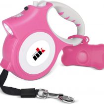 Makife Retractable Dog Lead Dog Leash for Small Dog up to 25kg Dog Pet, 5m Strong Dog Walking Leash with LED Light, 15pcs Dog Poop Waste Bags with Dispenser - Pink