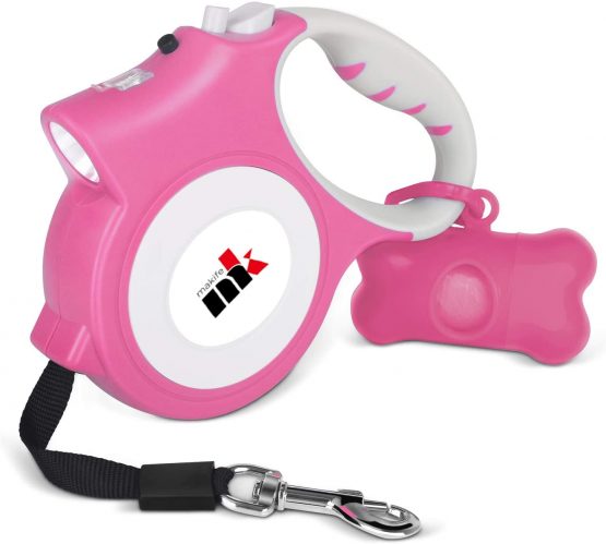 Makife Retractable Dog Lead Dog Leash for Small Dog up to 25kg Dog Pet, 5m Strong Dog Walking Leash with LED Light, 15pcs Dog Poop Waste Bags with Dispenser - Pink