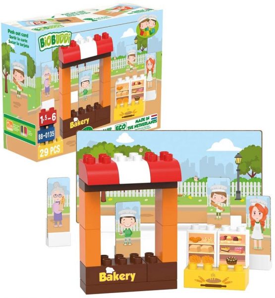 BIOBUDDI BB-0135 Building Bakery Play Set, 20 Blocks, 9 Push-Out Cards, Multi-Coloured - Image 2