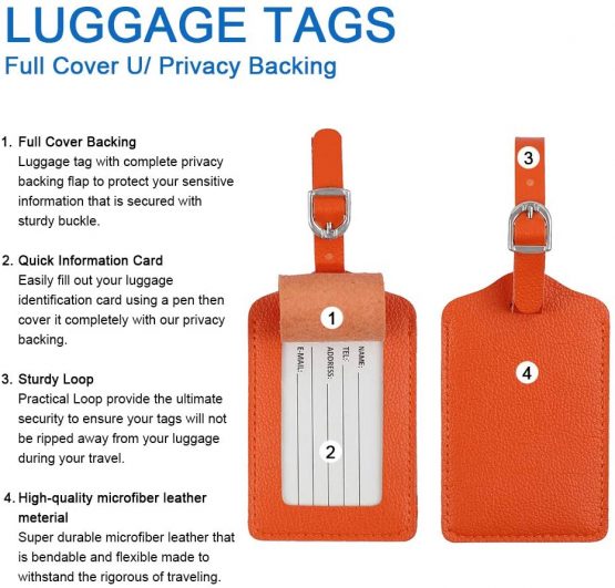 Luggage Tags, Microfiber Leather Personalized Suitcase Tag Set Luggage id Tags Labels Travel Accessories-Set of 4(Orange) - Image 4