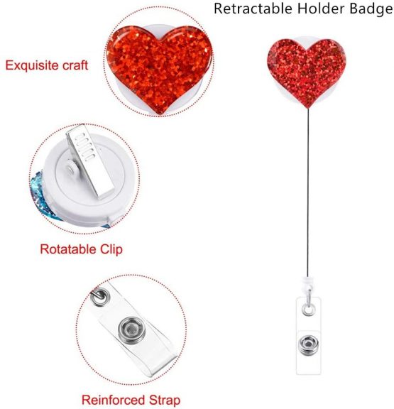 5 Pcs Heart Retractable Badge Holder Badge Reel Badge Name Holder ID Badge Reel Cord with Alligator Clip for Office Work School Business Travel Nurse Employee - Image 4