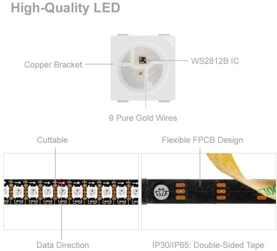 BTF-LIGHTING WS2812B 144 LEDs/Pixels/m Black PCB Individual Addressable Full Color led Pixel Strip Dream Color Non-Waterproof 3.2FT 1m - Image 3