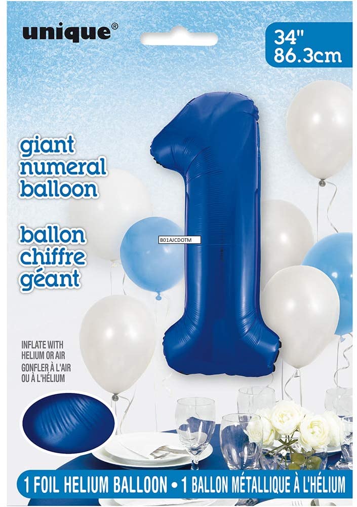 Blue Number 1 Shaped Large Foil Balloon (86cm) 1 Piece - Perfect for Birthday Parties and Special Events, 34" Foil Helium Balloon - Image 2
