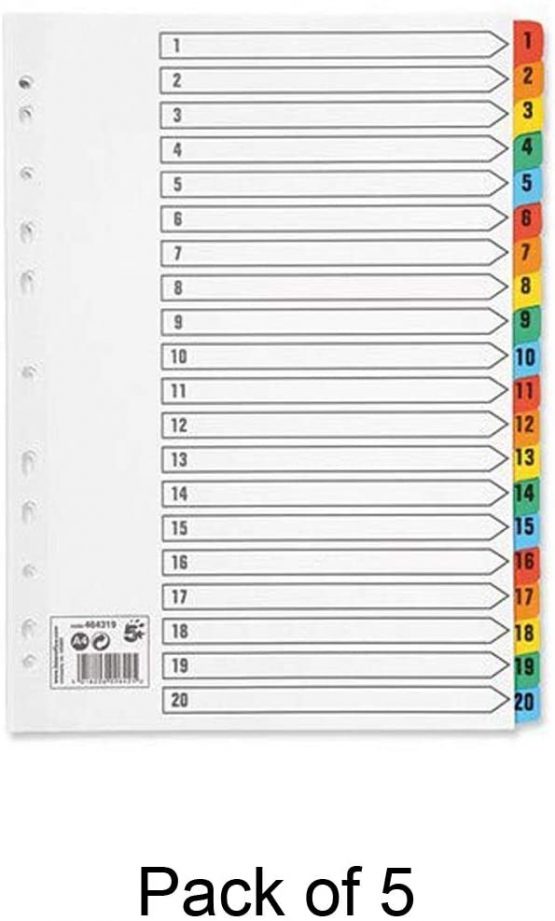 5 x Set Of A4 File Dividers Numbered 1-20 Plastic Tabs