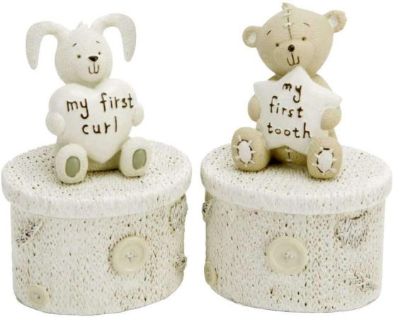 Button Corner Resin First Tooth and First Curl Set Christening Rabbit & Teddy Trinket Boxes CG752