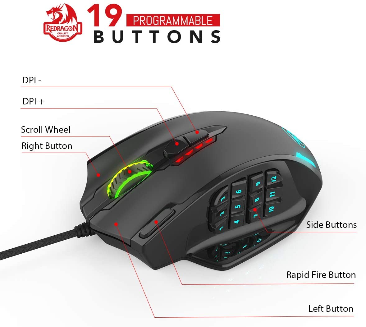 Redragon M908 Impact RGB LED MMO Mouse with Side Buttons Optical Wired Gaming Mouse with 12,400DPI, High Precision - Image 3