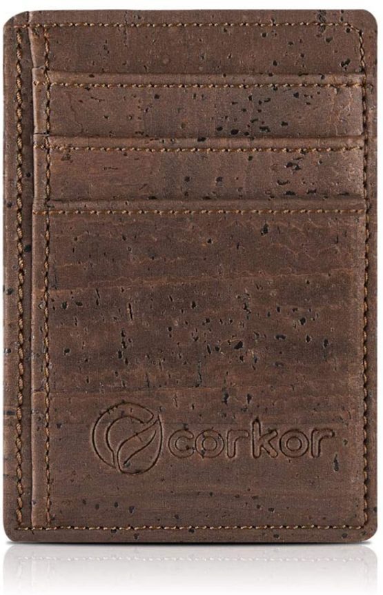 Corkor Minimalist Vegan ID Case RFID Men Women Sustainable Non-Leather Cork Gift , Dark Brown, Small