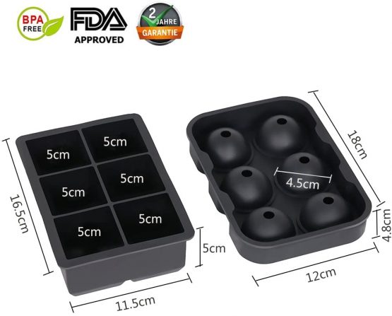 Ticent & Co Silicone Ice Cube Trays (Set of 2), Sphere Ice Ball Maker with Lid & Large Square Moulds, Reusable & BPA Free - Image 2