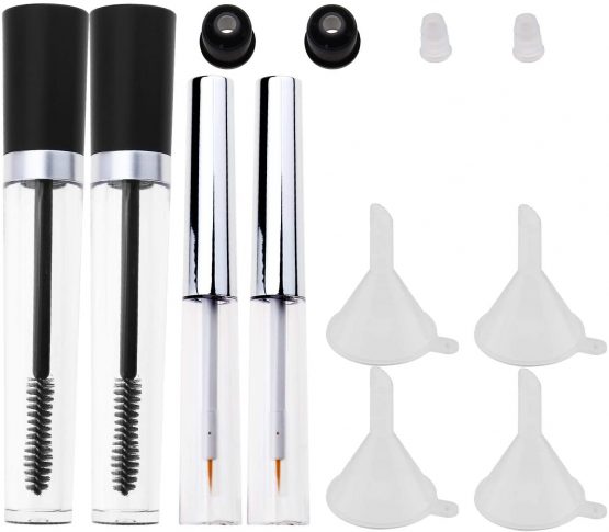 2 pcs 8ml Empty Mascara Tube Eyebrow Serum Tube with Wand, 2 pcs 7ml Eyeliner Container Vial Bottle with Rubber Inserts and Funnels Cosmetic Bottle Kit for Castor Oil, DIY Mascara, DIY Eyelash Serum