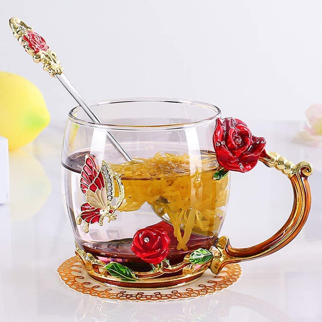 Evecase Enamels Butterfly Flower Clear Lead-free Glass Coffee Mugs Tea 