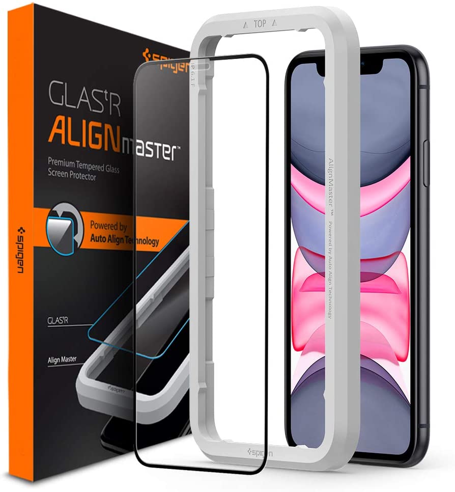 Spigen AlignMaster Full Coverage Tempered Glass Screen Protector for iPhone 11 and iPhone XR - 1 Pack, Ochre