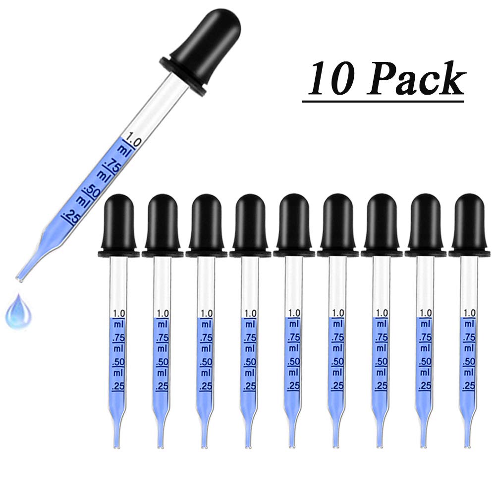 Calibrated Glass Dropper 1ml Essential Oils Pipette Dropper with Black Rubber Head, Straight-Tip Calibrated Glass Medicine Dropper Glass Dropper Medicine Laboratory Dropper 10 Pack