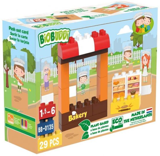 BIOBUDDI BB-0135 Building Bakery Play Set, 20 Blocks, 9 Push-Out Cards, Multi-Coloured - Image 3