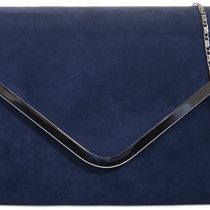 Purple Possum Navy Blue Envelope Clutch Bag, Dark Blue Faux Suede Evening Bag with Silver Tone Metal Trim, Ladies Prom Shoulder Bag, Wedding Handbag