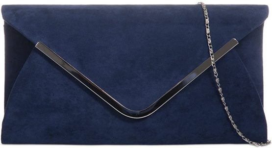 Purple Possum Navy Blue Envelope Clutch Bag, Dark Blue Faux Suede Evening Bag with Silver Tone Metal Trim, Ladies Prom Shoulder Bag, Wedding Handbag