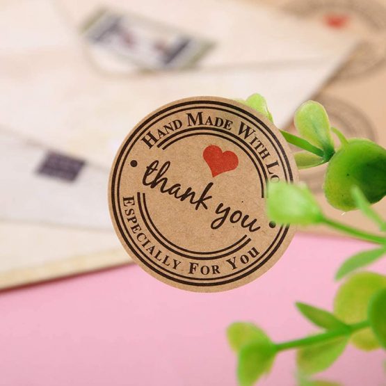 Hybsk 1.5" Inch Round Kraft Thank You Hand Made with Love with Red Heart Stickers 500 Handmade Labels Per Roll (Kraft, 38mm) - Image 4