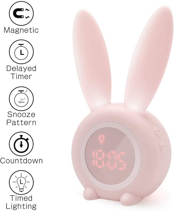 Kids Alarm Clock, Homealexa Cute Rabbit Clock Lght Kids Alarm Clock Creative Bedside Lamp Snooze Function, Timed Night Light, Children's Day Gift Girls and Boys (Pink)