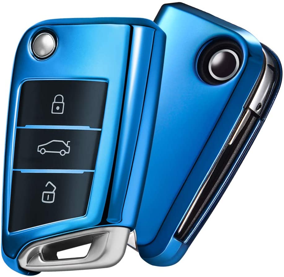 OATSBASF Car Key Cover Compatible with VW,Car Key Case for VW Golf 7 Polo Skoda Seat TPU Silicone 3 Buttons Box (Blue)