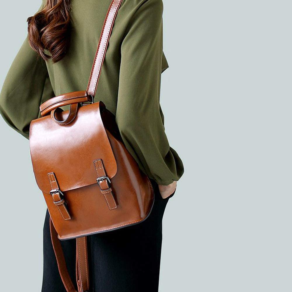 Card Boy Vintage Bright Oil-Wax Leather Backpack Multifunction Purse for Woman School Bag for Girls Fashion Travel Bag - Black - Image 3