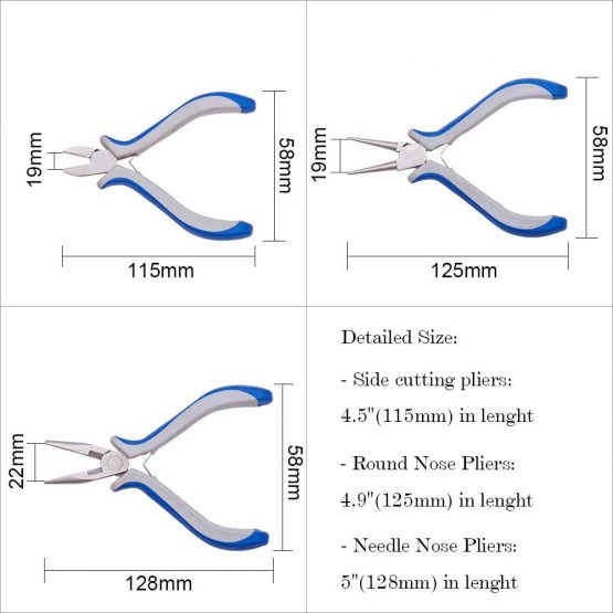 PandaHall 1 Set 3 pcs Jewelry Pliers Sets, Round Nose, Side Cutting Pliers and Wire Cutters, Blue, 110-125x70mm - Image 4