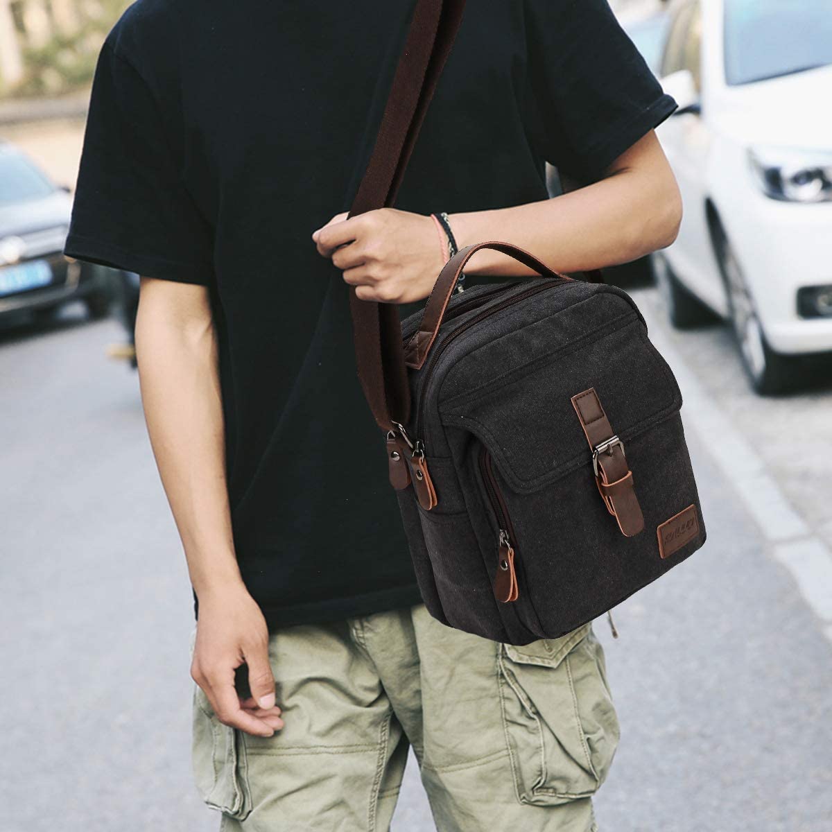 Small Messenger Bag Mens,RAVUO Canvas Shoulder Bags Travel Bag Man Purse Crossbody Bags for Work and Business Black - Image 2