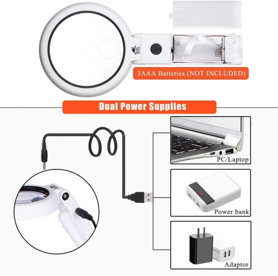 DSL Portable Illuminated Magnifying Glass 5X, 11X Magnification Lens 8 LED Lighted USB Charge Magnifier with Desktop Hand-Held Folding 2 in 1 Upgrade Version - Image 4