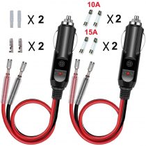 GTIWUNG 2 Pack Car Replacement 12V Cigarette Lighter Male Plug with Leads, 15A Fuse Protection with LED Light, Cigar Female Socket Plug Extension Cable for Motorcycle, Car, Tractor