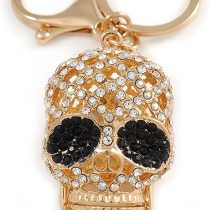 Avalaya Clear/Black Crystal Skull Keyring/Bag Charm in Gold Tone - 10cm L
