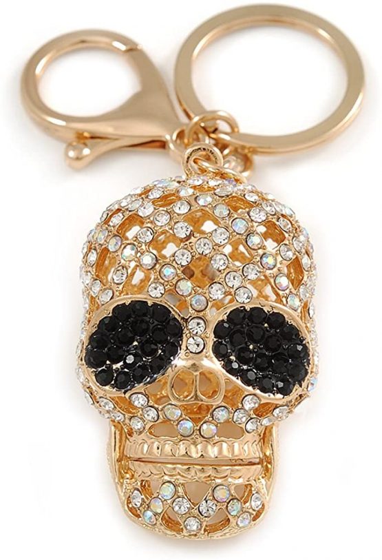 Avalaya Clear/Black Crystal Skull Keyring/Bag Charm in Gold Tone - 10cm L
