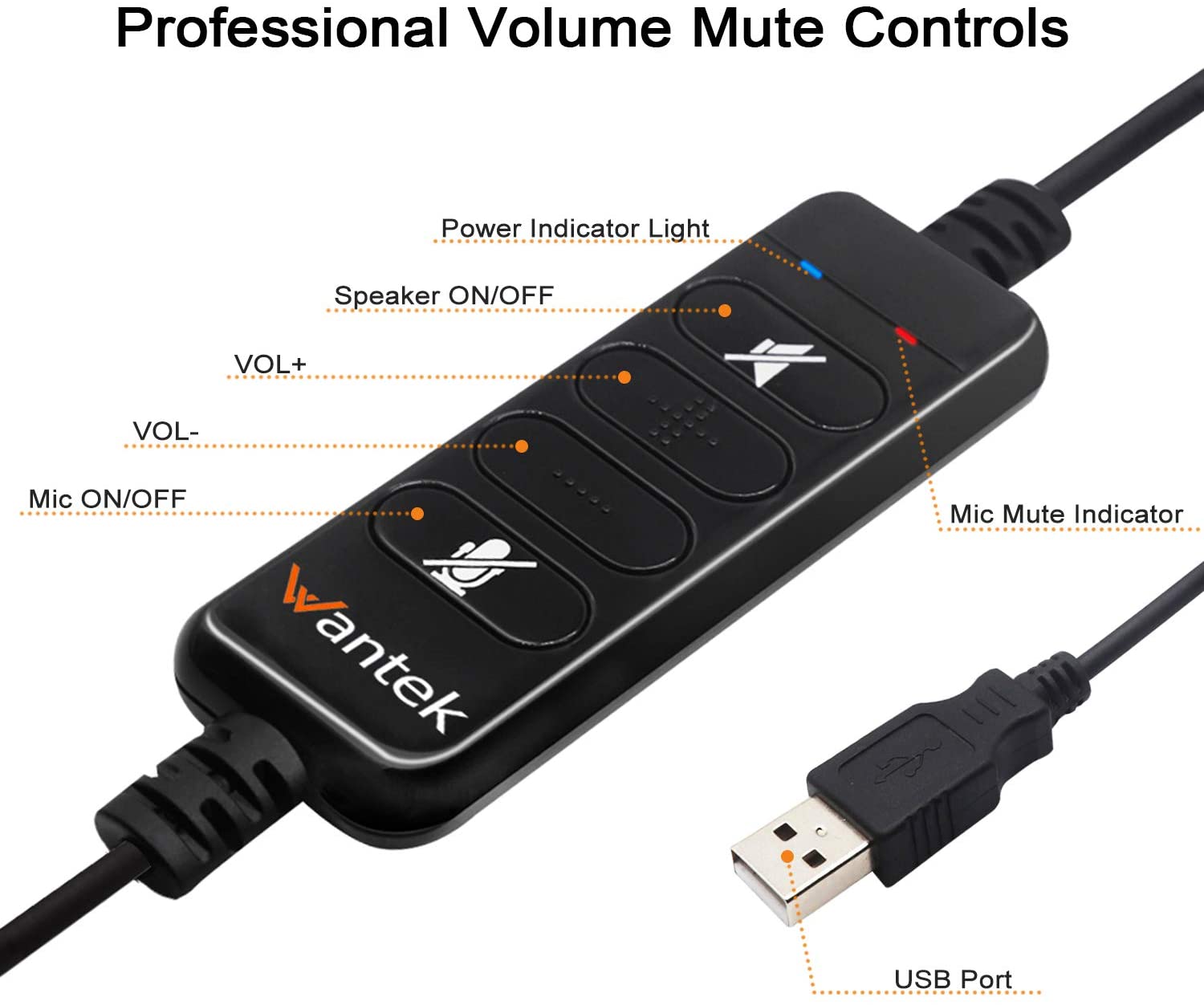 Wantek USB Headset with Microphone for Laptop USB/Type-C Jack Wired Headphones with Noise Cancelling Mic & Audio Controls - Image 4