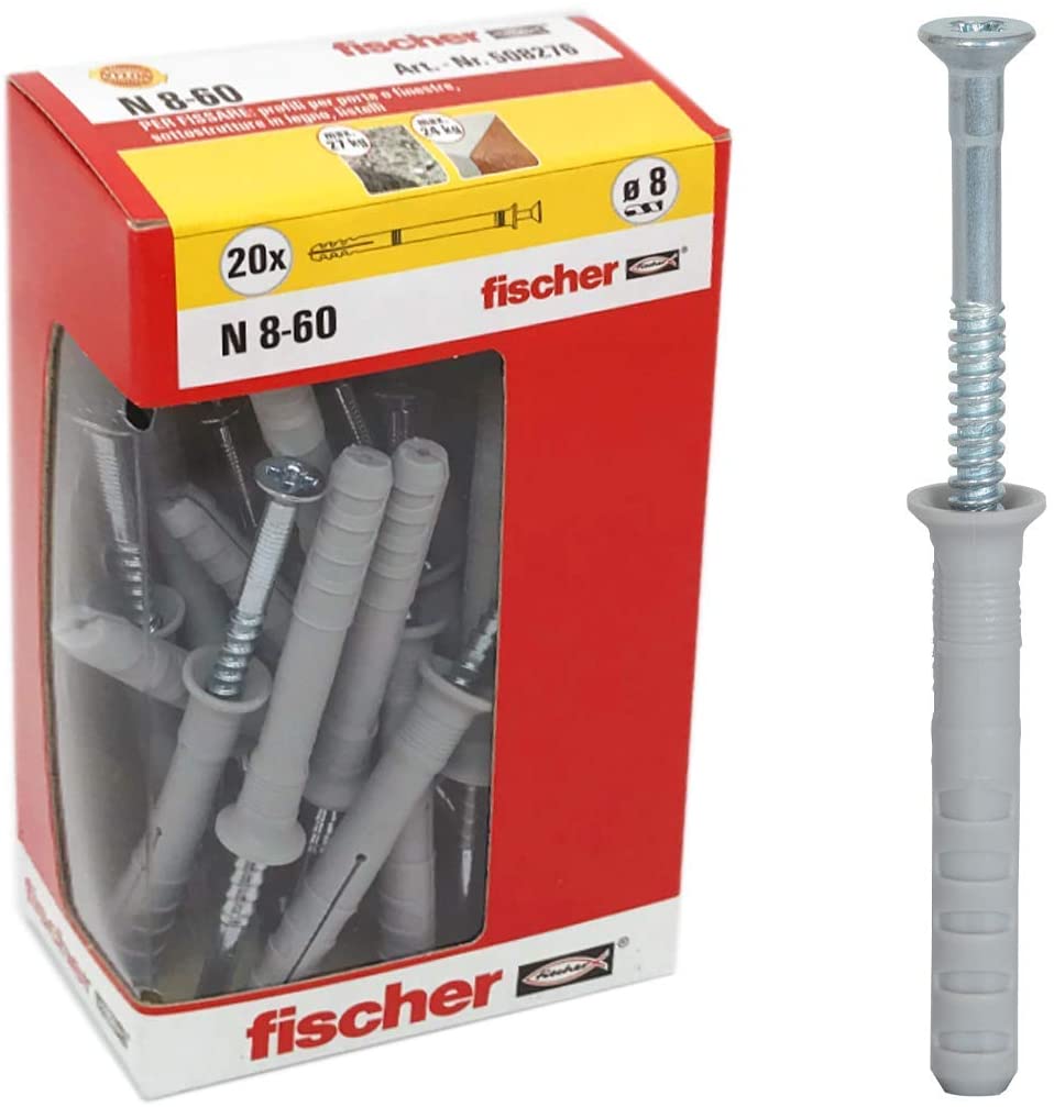 Fischer 508276 Cross-Country Dowels N 8 x 60 Y Impact Fixing with Pre-Assembled Nail for Solid Semi and Concrete 20 Pieces per Pack