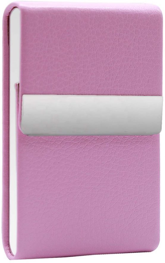 Metal Cigarette Case PU Leather Design Pocket Carrying Cigarette Box Holder for Women Ladies Super Slim Cigarette Pack for 10 Cigarette Pink