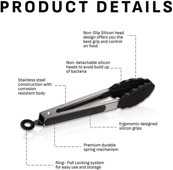 Kitchen Silicone Tongs 9 Inches (Black Color) | Stainless Steel Handle With Easy Grip And Smart Padlock System | Curved Silicone Tip For Strong Grip | Handy Tong For BBQ, Serving, Frying, And Cooking - Image 3