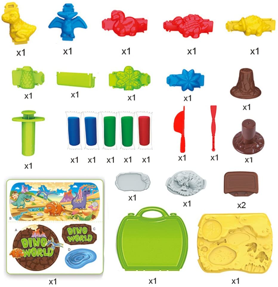 Dear Deer Kids Play Color Dough Dinosaur Play Set 26 Pcs Pretend Play Toy Kit with Dough and Moulds in a Portable Case - Image 2