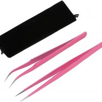 2 Pieces Straight and Curved Tip Tweezers Nipper for Eyelash Extensions, Pink Stainless Steel False Lash Application Tools