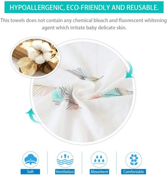 Baby Muslin Washcloths ALBOYI 120cmX120cm Organic Cotton Cartoon Newborn Towel Muslin Squares Babies Soft Washcloth Swaddle Blanket Shower Wipe(Colour Feather Print) - Image 4