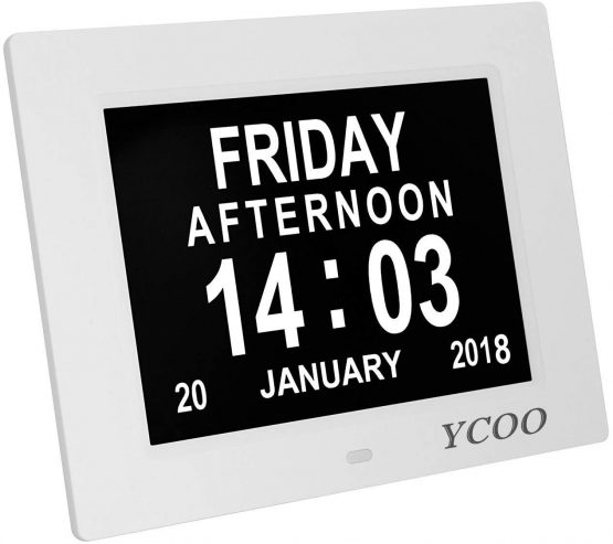 Dementia Clocks 7 Inches Calendar Clocks Day Date Clock Digital Clock with Large Clear Digits Display, Alarm Clock With HD Digital Photo Frame (7 Inches White)