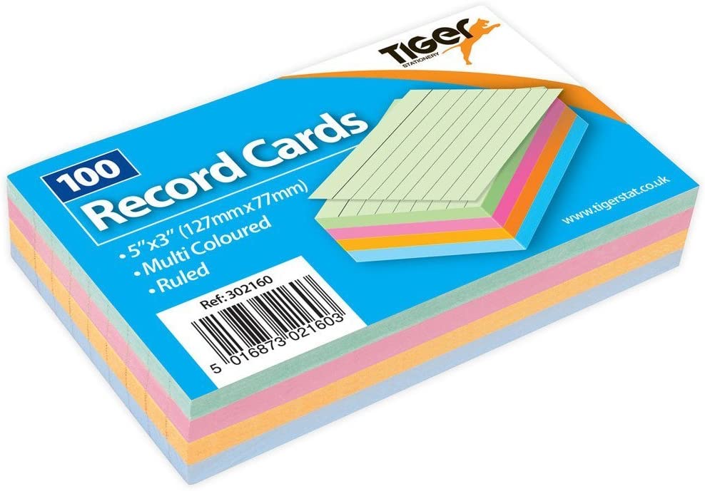 Tiger 1 x 100 Sheet Pack of Record Flash Cards Coloured Study Revision Coloured 5x3, Multicoloured, 12.8 x 7.6 x 2.2 cm - Image 2