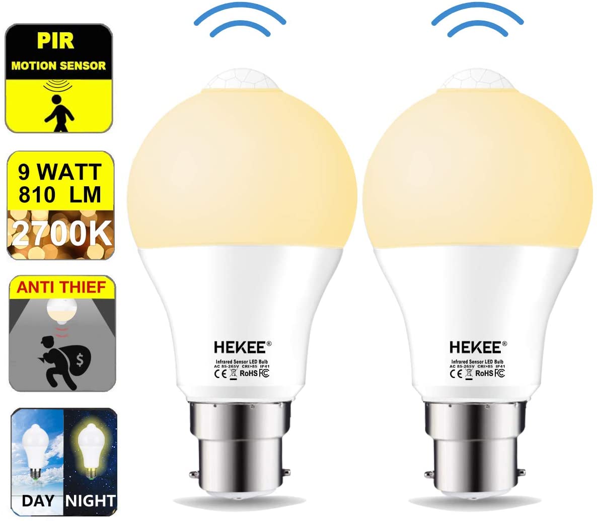 HEKEE PIR Motion Sensor Light Bulb 9W B22, A60 Bayonet Cap Warm White 2700K, Equivalent 60w Incandescent (2 Pack)