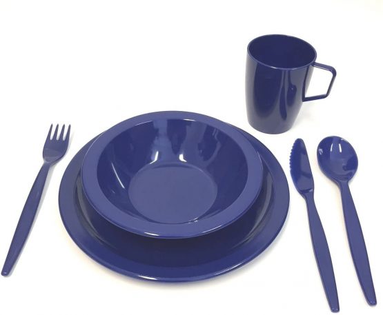 Harfield Royal Blue Camping Tableware Set - Plate, Bowl, Beaker and Cutlery - Reusable Virtually Unbreakable Polycarbonate Plastic