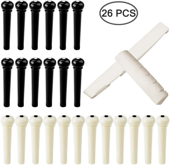 FineGood 24 pcs Guitar Bridge Pins with 2 pcs Bridge Saddle and Nut, Plastic Acoustic Bridge Pins and 6 String Real Bone Folk Bridge Saddle Guitar Replacement - Ivory, Black - Image 2