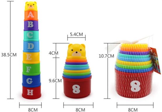 FABSELLER Stacking and Nesting Cups, 9pcs Early Educational Learning and Activity Toys with Plastic Figure and Letter Measure Up Learning Layer Cup Set for Baby Toddler Children kids (Random Color) - Image 3