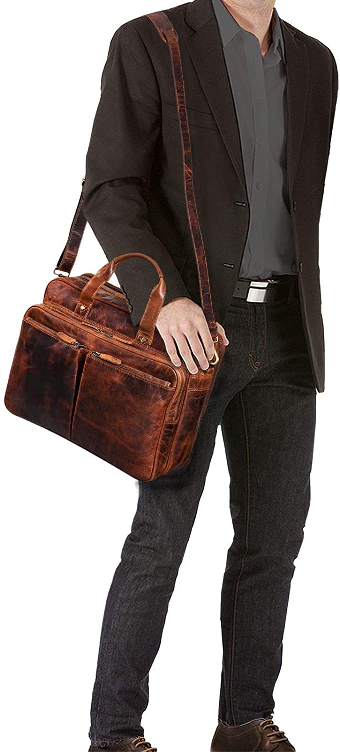 STILORD "Remus" Vintage Leather Shoulder Bag Men Large Laptop Bag 15.6" College Bag Portfolio Satchel Business Genuine Leather Colour:Kara - Image 2