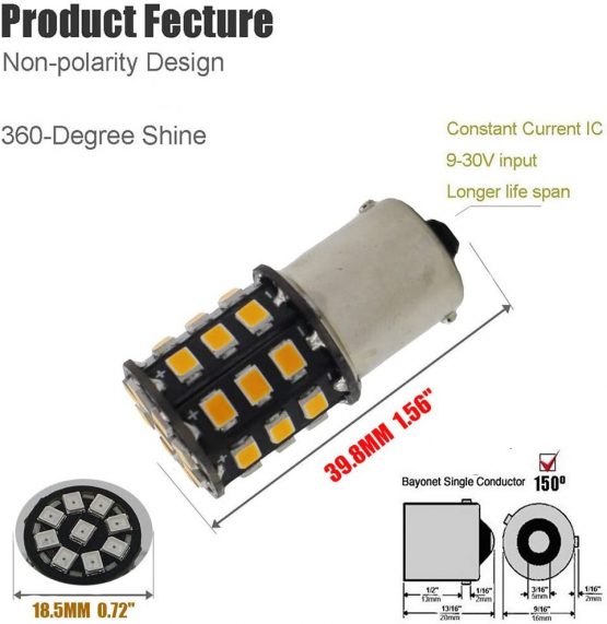 ALOPEE-(Pack of 2) Bright Yellow LED Car Turn Signal Light Replacement Bulb for Stock#1056 PY21W 7507 12496, with 33pcs 2835 Chips, No-Polarity, 12V-24V. - Image 3