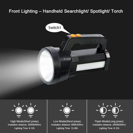 LED Torch Flashlight Rechargeable, 10000 Lumen Super Bright Searchlight Spotlight Camping Lantern Waterproof, 6 Lighting Modes for Outdoor Hiking Fishing, Shoulder Strap & UK Charger Included, Black - Image 2