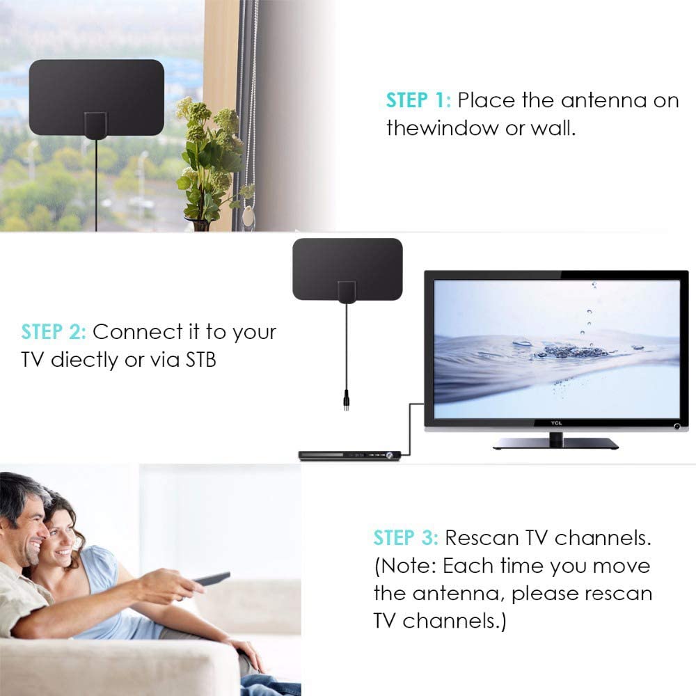Firmrock TV Aerial, 50 Miles Digital, Ultra Thin HDTV DVB-T2, 12 FT Cable, Freeview Indoor TV Aerial, Black - Image 4